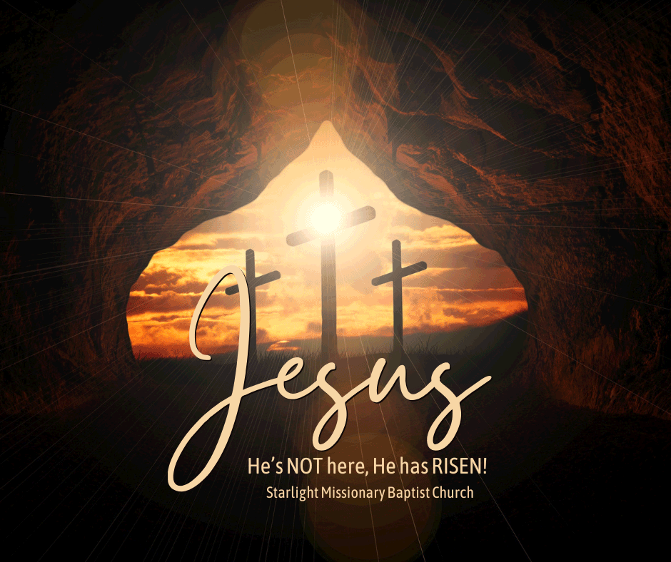 View from inside Jesus’ empty tomb at sunrise, looking toward the wooden cross illuminated by radiant beams of light, symbolizing resurrection and hope. Text on image reads: “He’s not here, He is risen